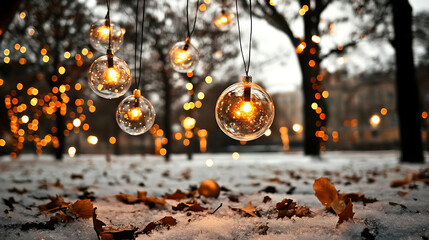 Fototapeta premium Snow-covered village with twinkling holiday lights, festive winter evening, warm colors and light brushwork depicting the charm of glowing lights in a snowy scene 