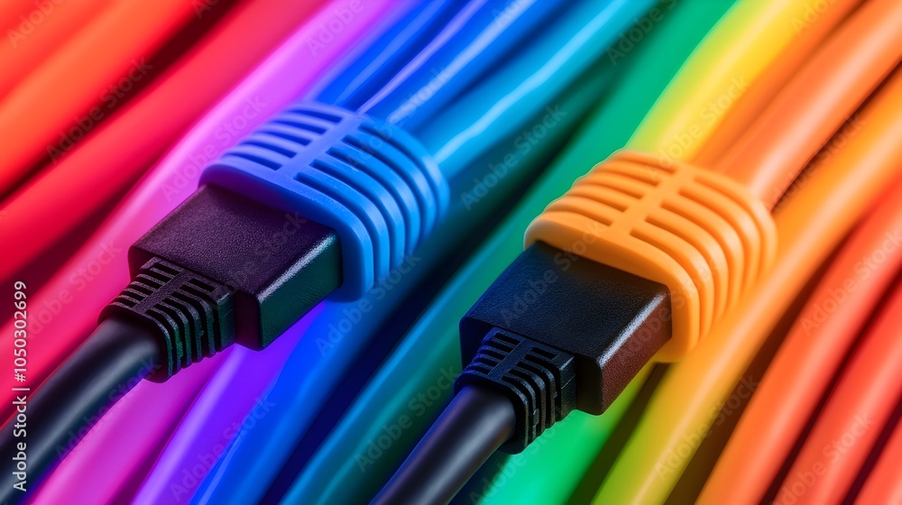 Poster close up shot of rj45 ethernet cables glowing with vivid led lights reflecting a stunning array of v
