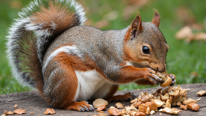 Fototapeta premium A cute squirrel eating a nut on a wooden surface in a park.