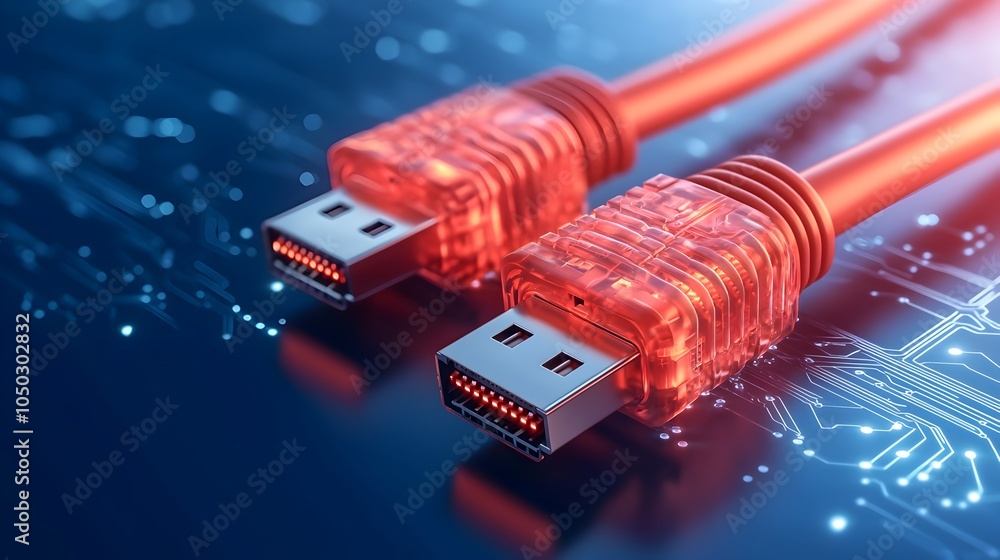 Poster futuristic close up of glowing illuminated ethernet cables featuring dynamic led lighting