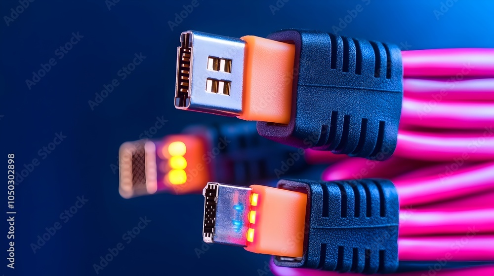Poster closeup view of ethernet cables with vibrant rj45 connectors glowing in led lights