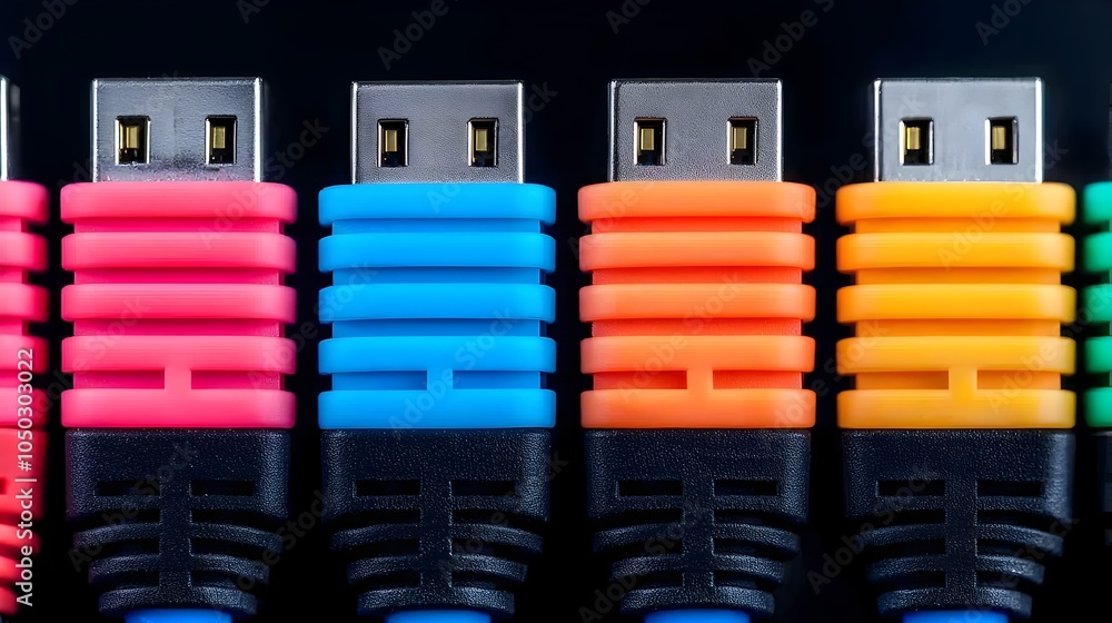 Poster Close up view of colorful LED lit RJ45 Ethernet cables highlighting the sleek design and advanced network technology behind data transmission and connectivity