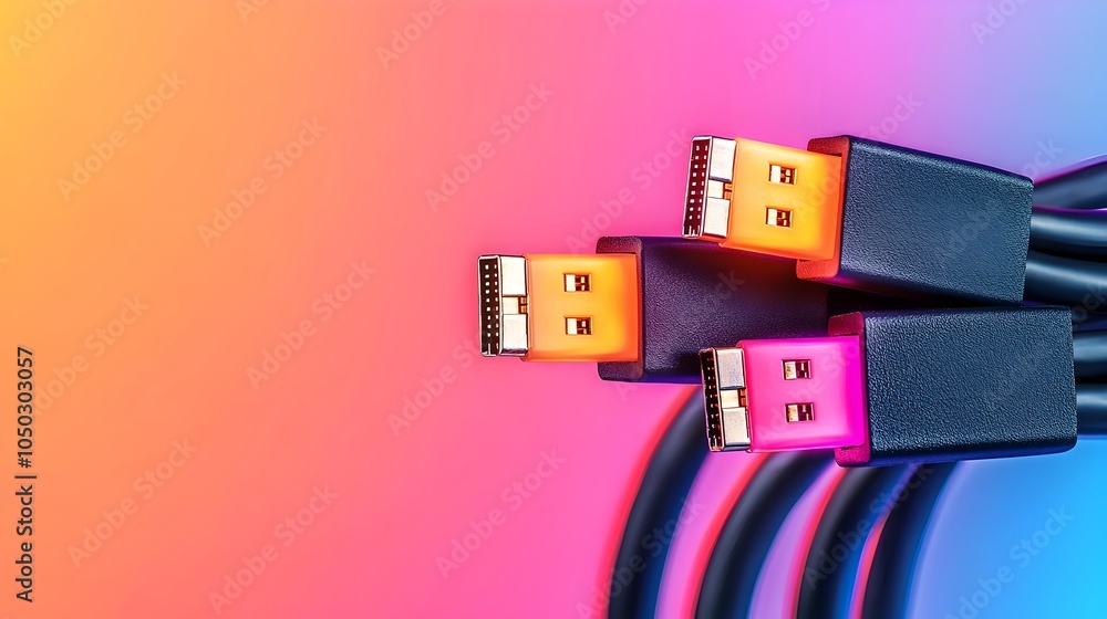 Poster Detailed close up of RJ45 Ethernet cables illuminated with vibrant LED lights showcasing modern connectivity and digital communication in a colorful and dynamic studio setting