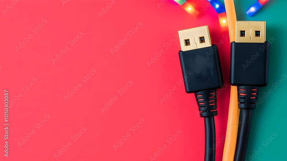 Poster Close up of vibrant LED lit RJ45 Ethernet cables highlighting the dynamic and colorful aspects of modern digital connectivity and network infrastructure