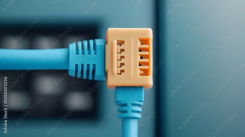 Aufkleber Close up view of a blue Ethernet cable securely plugged into a network server port highlighting the critical connection point and modern technology setup for digital communication and data transfer