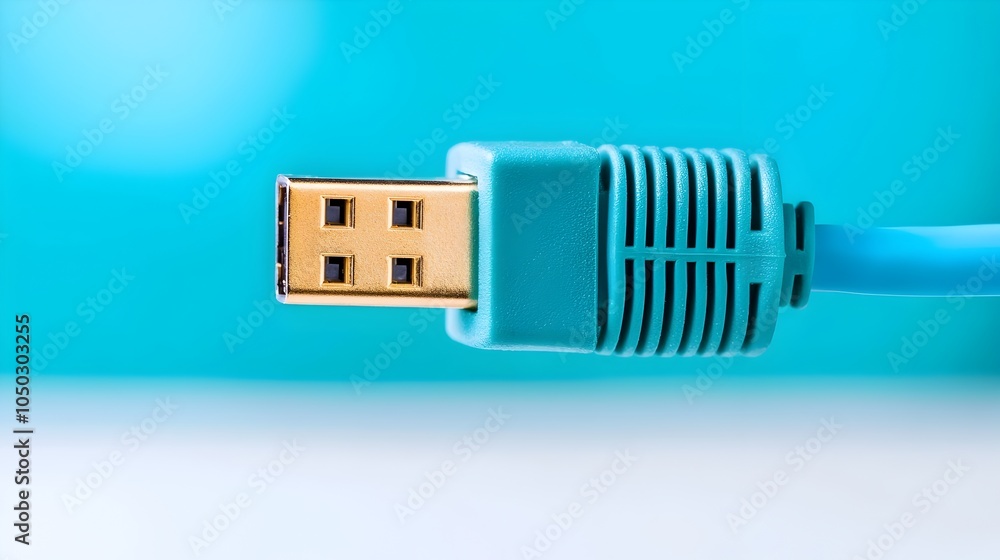 Poster Close up view of a blue ethernet cable securely plugged into a network server port