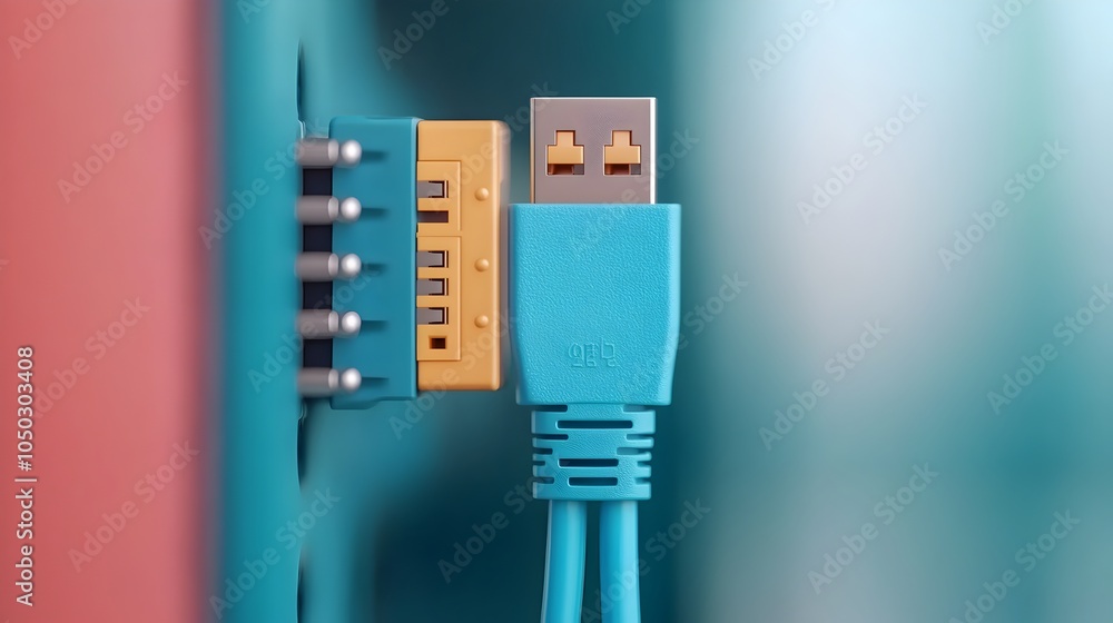 Poster Detailed close up view of a blue ethernet cable securely connected to the port interface of a network server showcasing the secure and precise technology interface