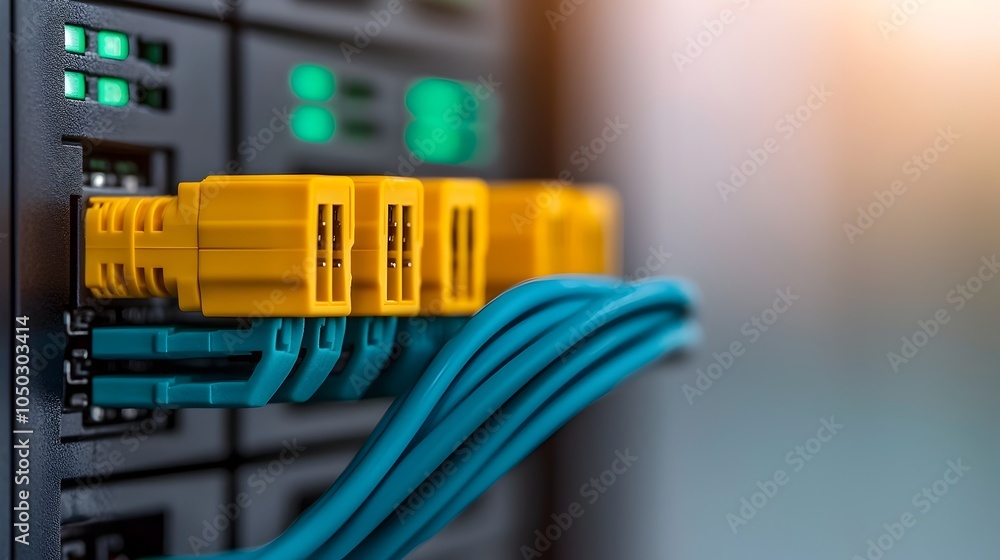 Poster Close up of a blue ethernet cable being inserted into a server port showcasing the detailed tech infrastructure and connectivity within a modern data center