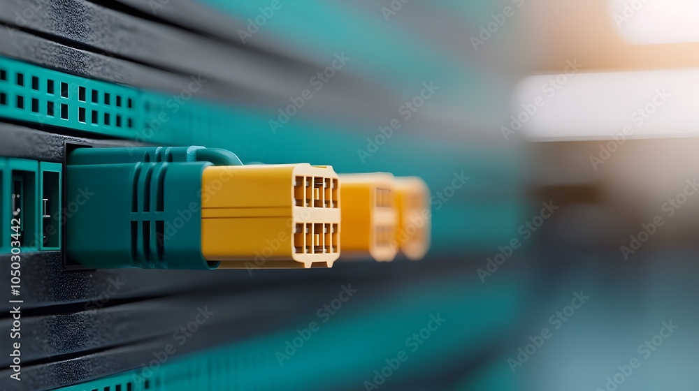 Poster Close up view of a blue ethernet cable connected to a network server showcasing the technology and infrastructure that supports modern data communication and digital connectivity