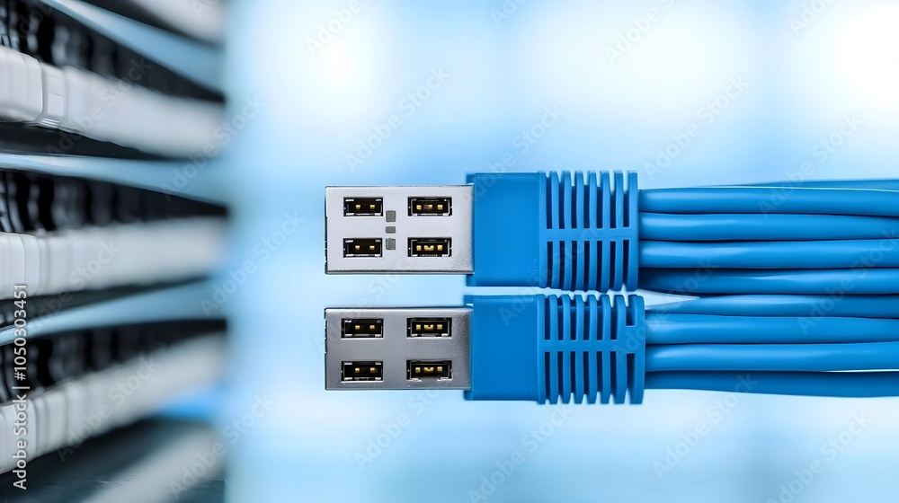 Poster Close up View of Blue Ethernet Cable Connected to Network Server Highlighting the Technology and Infrastructure that Supports Modern Data Communication and Connectivity