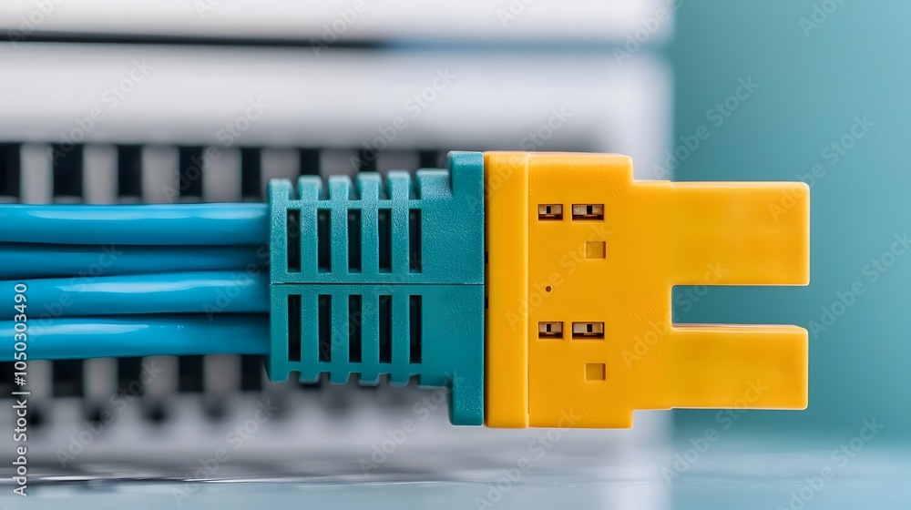 Poster Close up shot of a blue ethernet cable firmly connected to a server port highlighting the precise details and functionality of essential modern networking hardware equipment