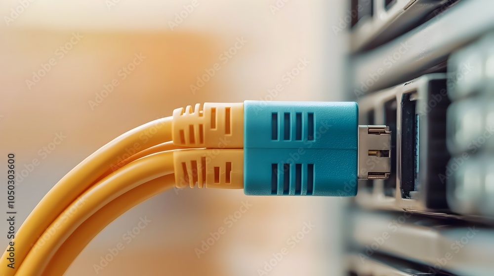 Poster Detailed close up view of a blue ethernet cable physically connected to a network server showcasing the high tech infrastructure and physical connectivity of digital data communication systems