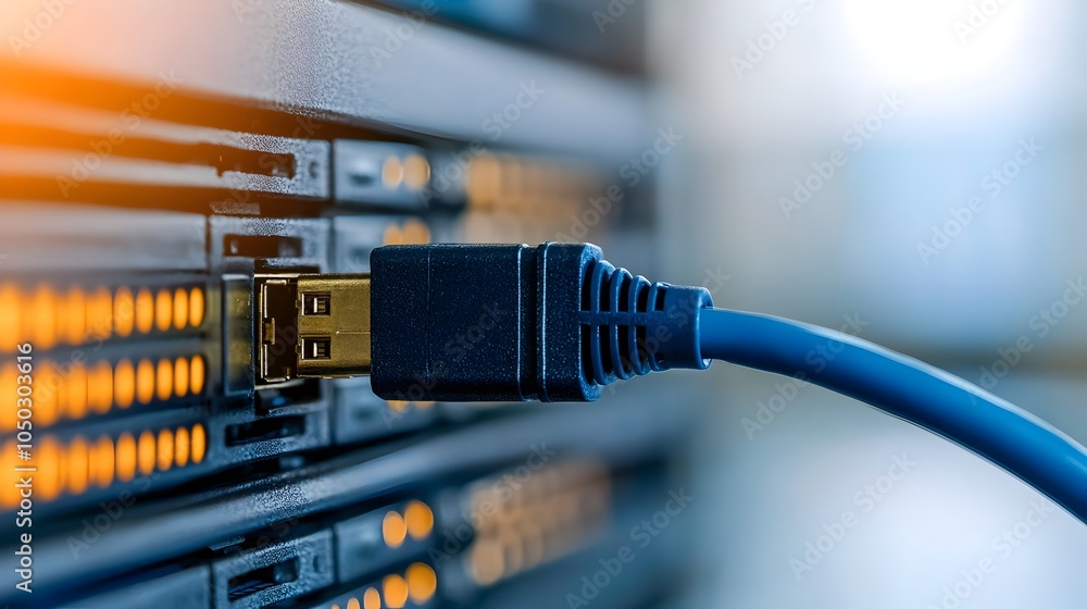 Poster Close up of a blue Ethernet cable plugged into a network server showcasing the sleek and modern tech setup