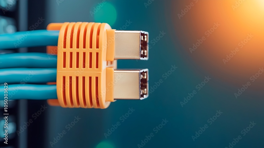 Poster closeup shot of a blue ethernet cable connected to a network server highlighting the precision and m