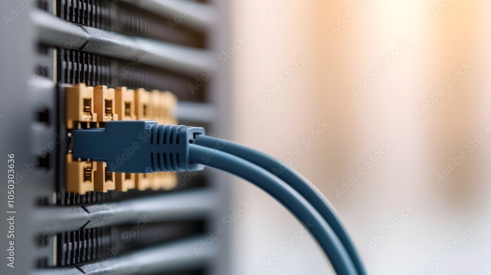 Poster detailed close up view of a blue ethernet cable firmly plugged into a network server