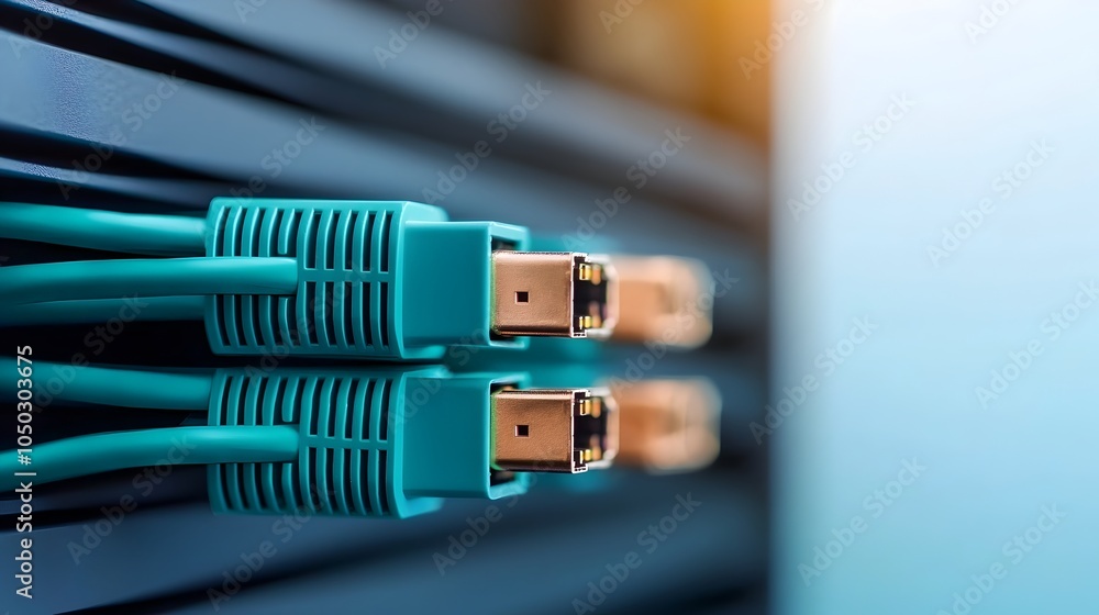 Poster Close up of Ethernet Cable Plugged into a Network Server Showcasing the Connectivity and Sleek Technology Setup for Efficient Data Transmission and Communication