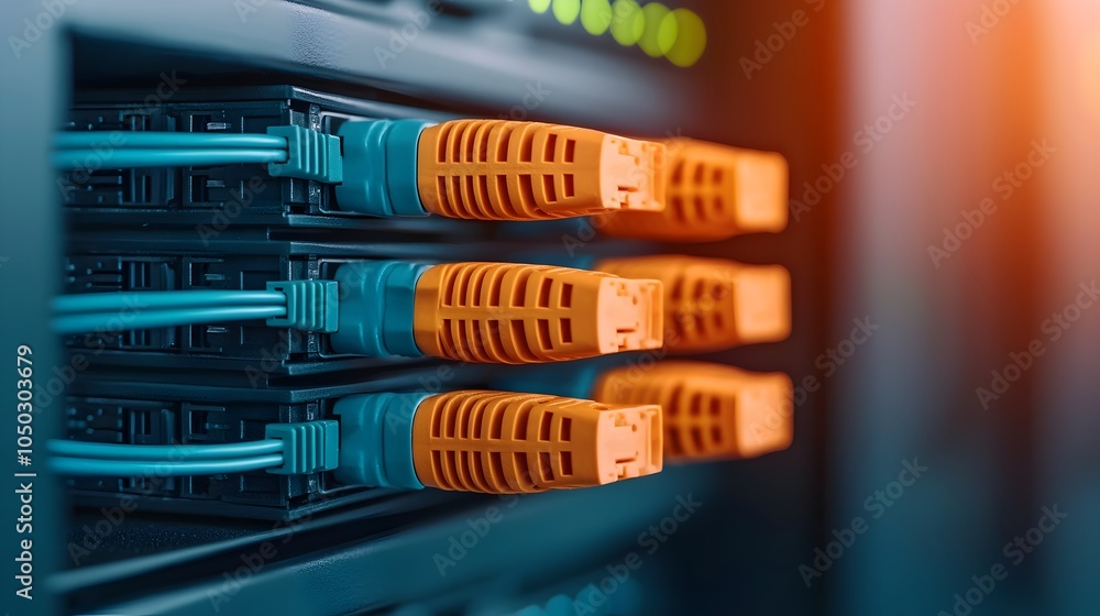 Aufkleber Detailed Close up Shot of a Blue Ethernet Cable Securely Connected to a Server Capturing the Physical Connection in a High Tech Network Environment with Digital Technology Infrastructure