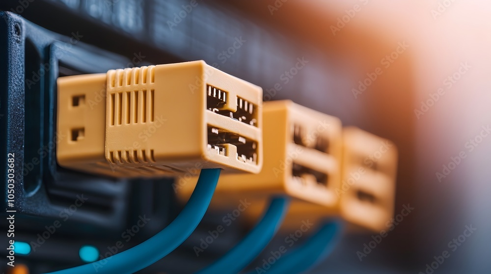 Poster Close up view of a blue Ethernet cable securely connected to a modern network server showcasing the seamless of digital infrastructure and advanced technology