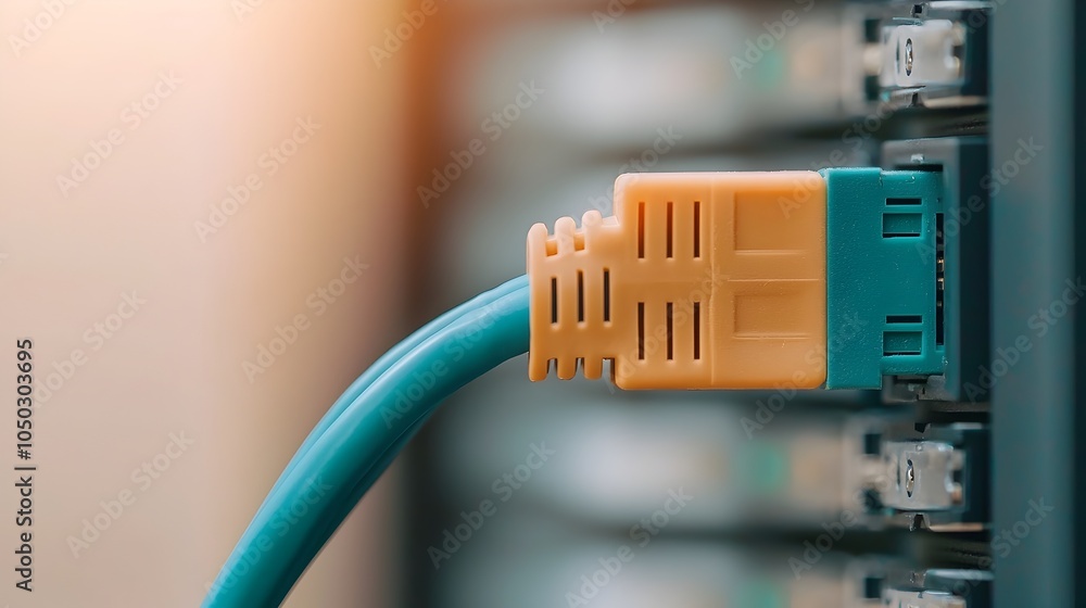 Poster Close up view capturing the secure physical connection of a blue ethernet cable to a server in a high tech network environment