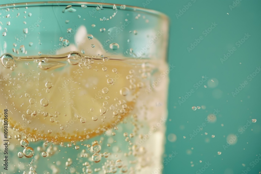 Poster refreshing lemon slice is submerged in a glass of sparkling water, creating a cascade of tiny bubble
