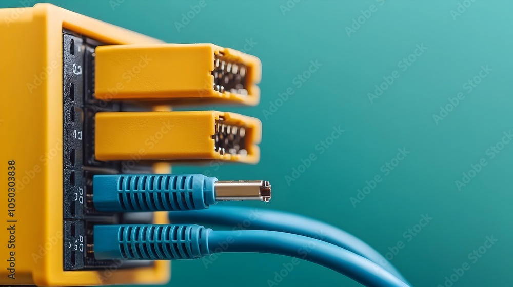 Aufkleber Close up view of a network server with a blue ethernet cable plugged in highlighting the sleek and modern design of the digital technology equipment