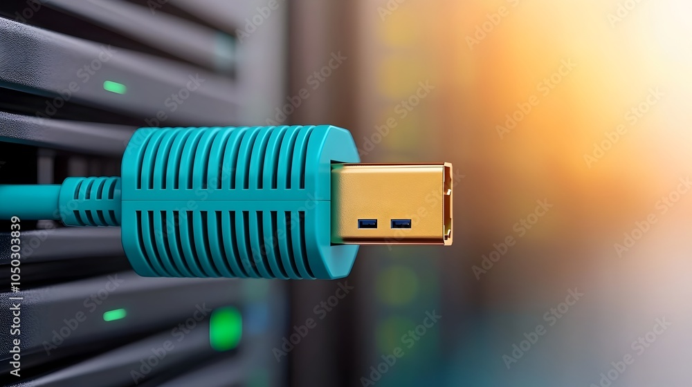 Poster Close up shot of a network server equipment with a blue Ethernet cable connected focusing on the sleek plug in design and technical details of the modern digital communication hardware