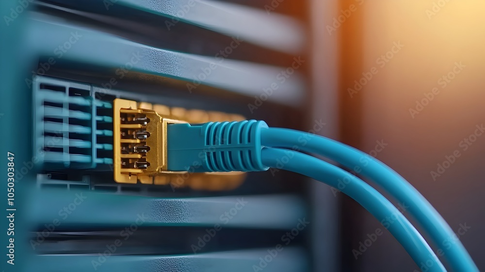 Poster Detailed close up view of a network server with a blue ethernet cable connected highlighting the plug in design technical features and modern aesthetic of the IT equipment