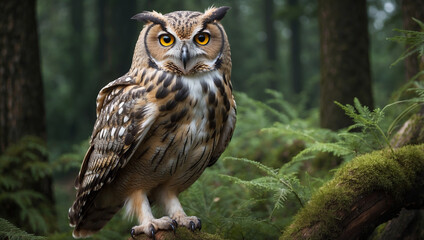 Fototapeta premium A Eurasian eagle-owl with yellow eyes stares intently at the camera, perched on a branch in a lush green forest.