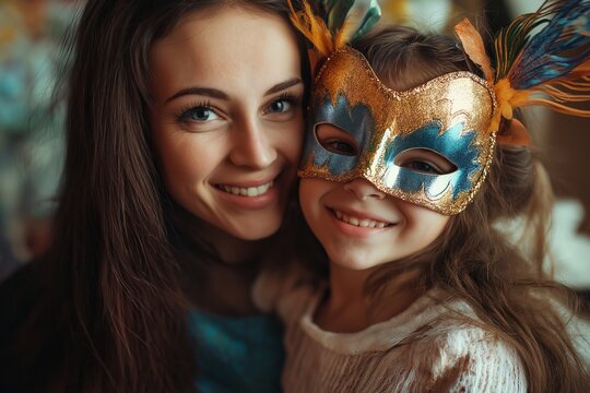 Mother and daughter smiling together in colorful masquerade mask - Powered by Adobe