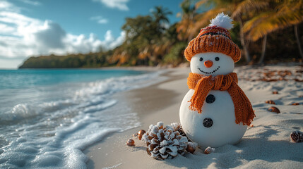Obraz premium Snowman standing on the seashore, vacation concept