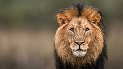 Fototapeta premium Majestic lion with a flowing mane, captivating gaze, subtle blurred background.