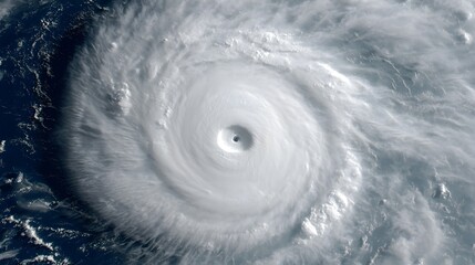 Fototapeta premium Powerful oceanic storm system viewed from above with swirling winds creating a dense dramatic cloud spiral formation over the turbulent churning waters below