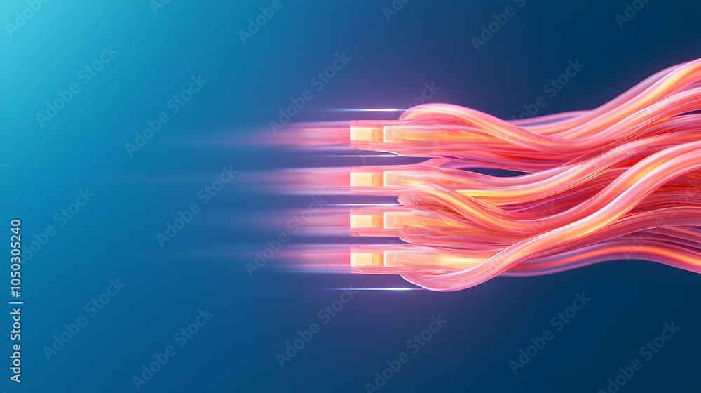 Poster Macro close up shot of an RJ45 Ethernet cable with glowing connection points and colorful light trails flowing through the transparent connector