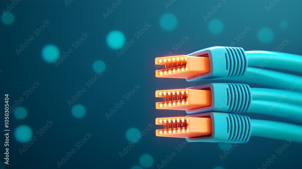 Aufkleber detailed close up of an rj45 network cable connector with glowing metallic pins reflecting soft blue