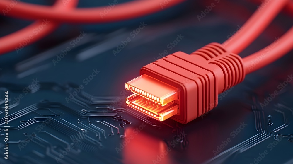 Leinwandbilder neon illuminated rj45 network cable connector with glowing fiber optic details intricate metallic st