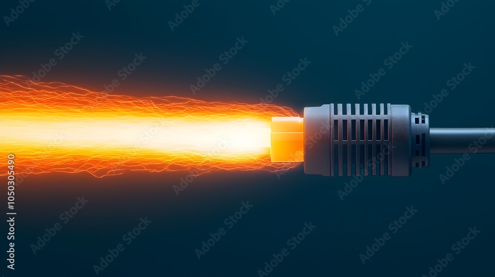Poster Macro close up of a shiny RJ45 ethernet connector with glowing lights streaming through the metal pins