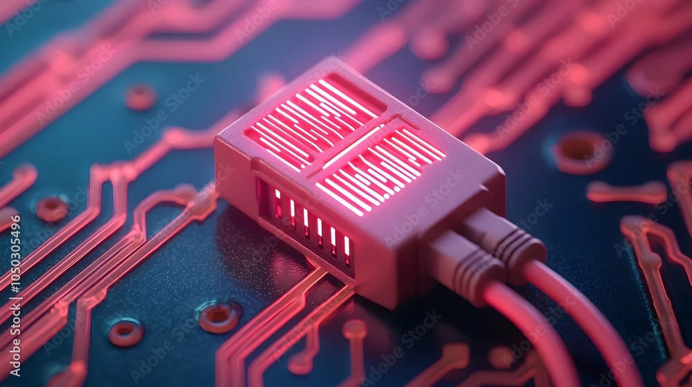 Aufkleber glowing neon rj45 network cable with vibrant fiber optic illumination surrounding the connector intr