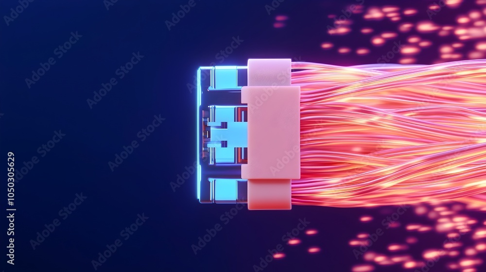 Poster close up of a glowing rj45 ethernet cable connector capturing the vibrant blue light and fine detail
