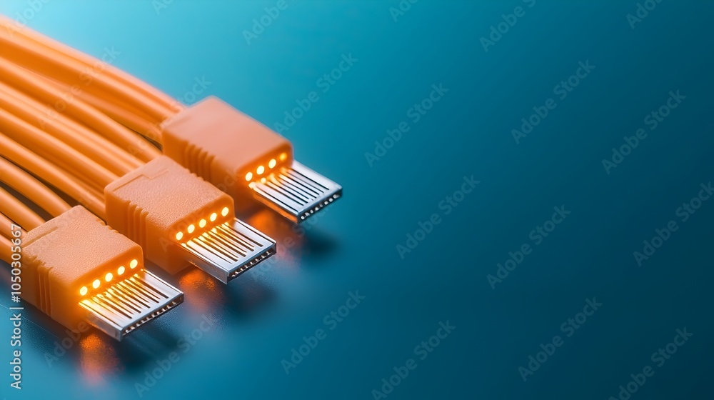 Poster close up view of an rj45 network cable with glowing connectors bright fiber optic light shining thro