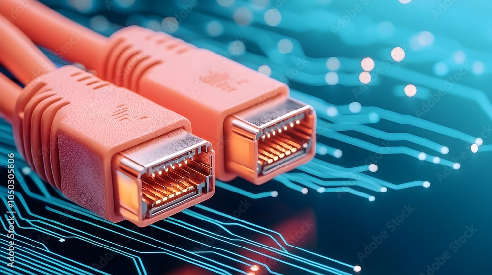 Poster Close up view of glowing blue RJ45 Ethernet cables with vibrant light reflecting off a dynamic digital circuit background showcasing a futuristic technology and connectivity theme