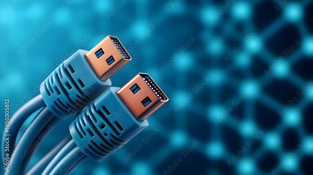 Poster Glowing Blue RJ45 Ethernet Cables Close Up Against a Digital Matrix Background Representing High Speed Internet and Advanced Data Transmission Technology