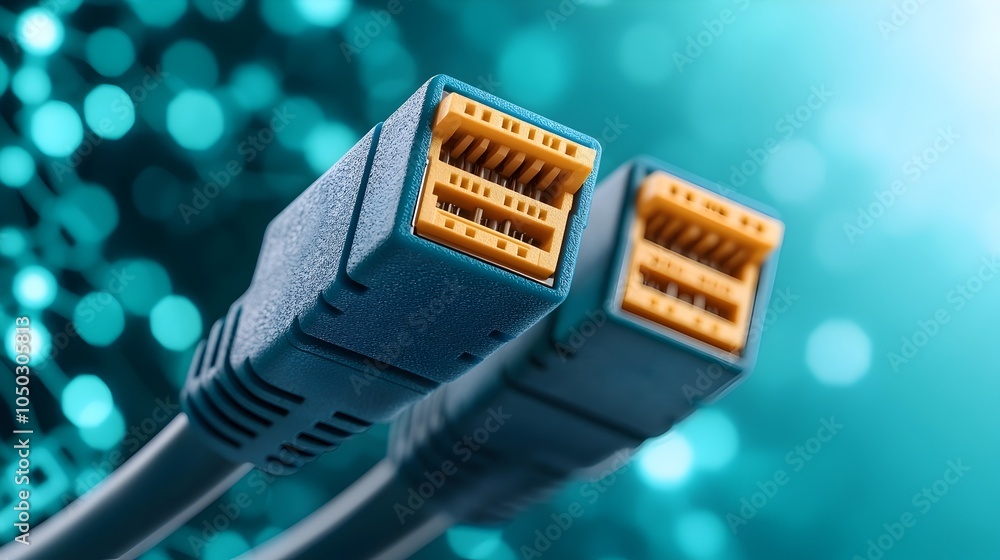 Poster glowing blue rj45 ethernet cables close up the connectors illuminated against a digital matrix backg