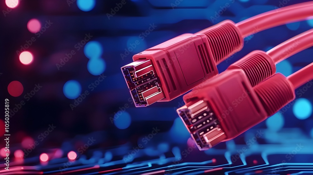 Fototapete Closeup view of glowing blue RJ45 Ethernet cables with vibrant light reflecting off a futuristic digital circuit background showcasing the concept of advanced technology and high speed connectivity