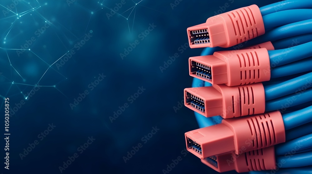 Poster macro shot of vibrant blue rj45 ethernet cables glowing brightly against a digital backdrop with abs