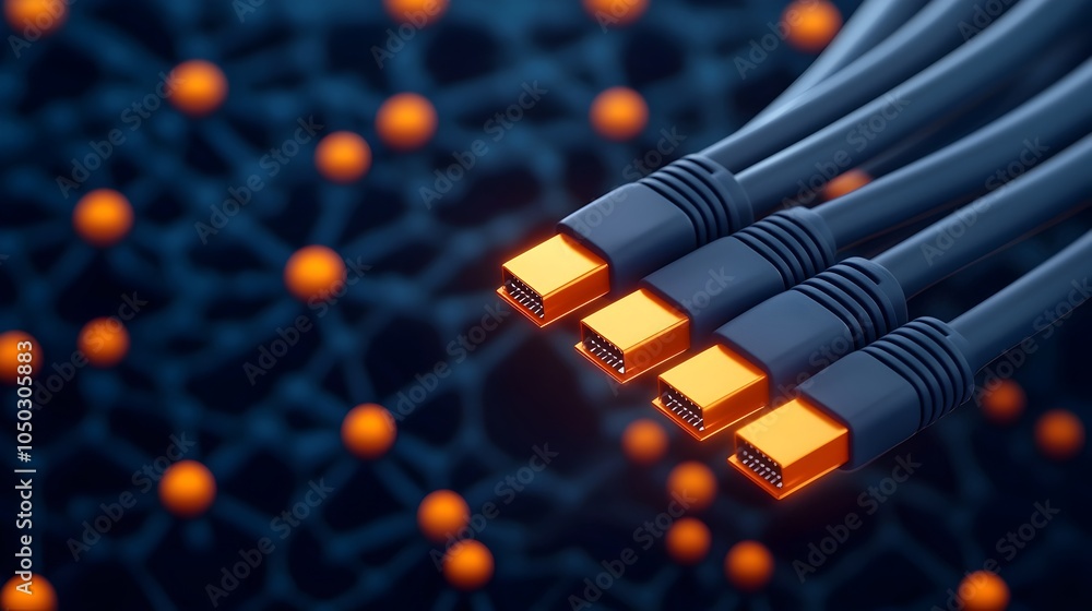 Poster Macro shot of glowing blue RJ45 Ethernet cables against a digital backdrop with abstract data lines and network connections radiating a futuristic cyberpunk inspired technology aesthetic