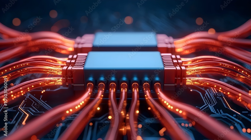 Poster Detailed view of glowing blue RJ45 Ethernet connectors with a digital background light radiating from the cables and blending with abstract tech elements