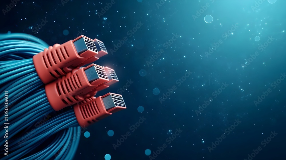 Poster Detailed view of glowing blue RJ45 Ethernet connectors with a digital background light radiating from the cables and blending with abstract tech elements in a futuristic cyberpunk inspired design