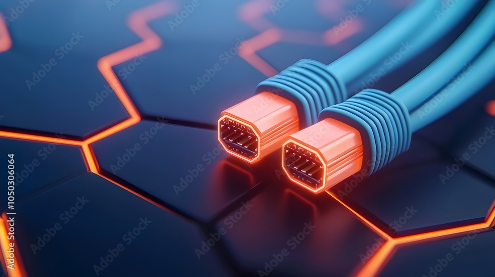 Poster Macro close up of glowing blue RJ45 Ethernet cables against a dark futuristic digital interface background  The illuminated connectors create a striking contrast on the high tech abstract pattern