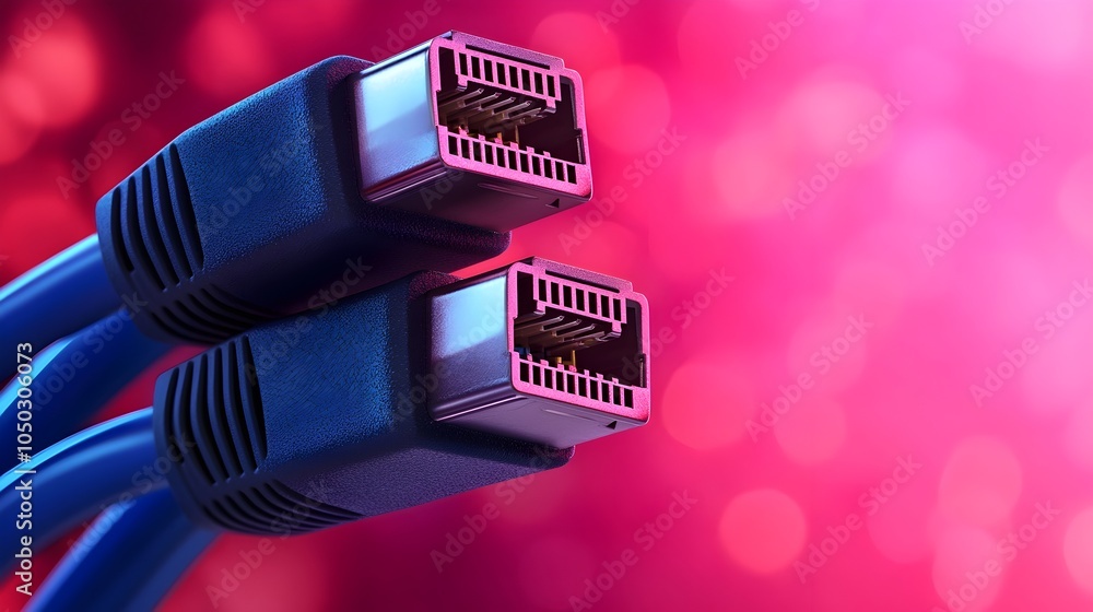 Poster Closeup of Vibrant Blue RJ45 Ethernet Cables Glowing and Reflecting on a Futuristic High Tech Digital Network Background with Soft Neon Lighting Effects