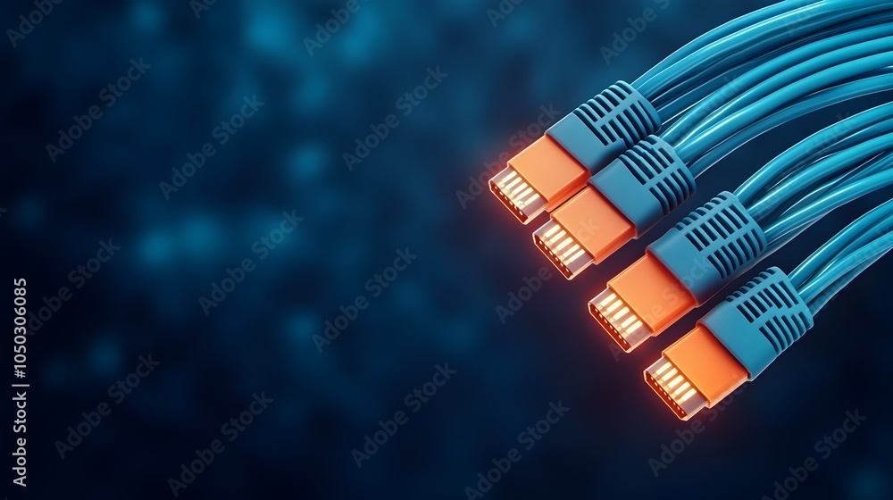 Poster Macro close up of glowing blue RJ45 Ethernet cables on a dark high tech digital interface  The sharply contrasted illuminated connectors create a futuristic cyberpunk inspired